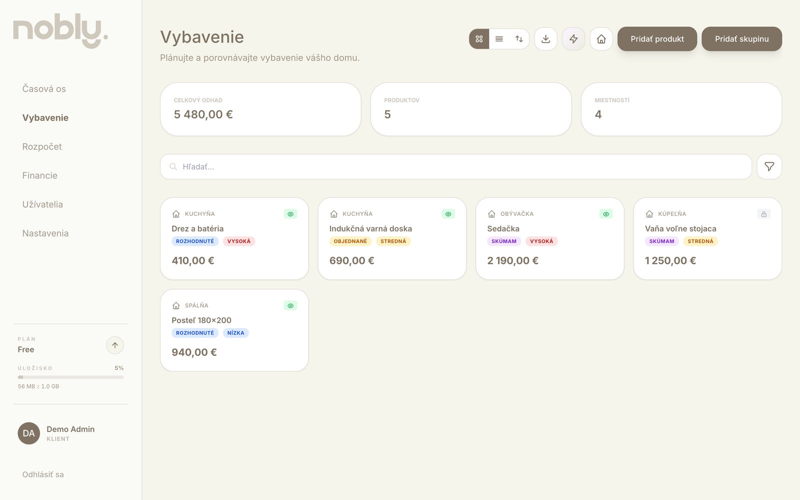 Nobly — Vybavenie po miestnostiach
